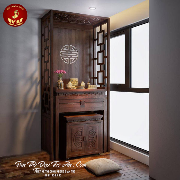 Mẫu tủ thờ với thiết kế tiết kiệm không gian mà vẫn đảm bảo được sự trang trọng
